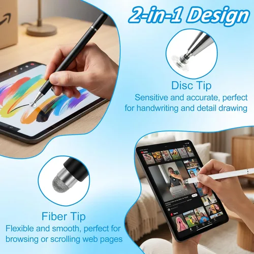 Miniatura 2 de Lápiz óptico para pantallas táctiles (2 unidades), disco magnético 2 en 1 y punta de fibra para iPad con tapa magnética, compatible con todas