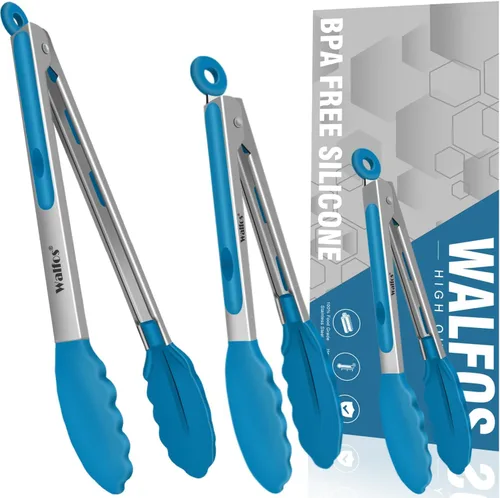 Miniatura 12 de Walfos Pinzas de cocina de acero inoxidable – Pinzas de metal de bloqueo resistentes de 7, 9 y 12 pulgadas para cocinar, asar a la parrilla, juego