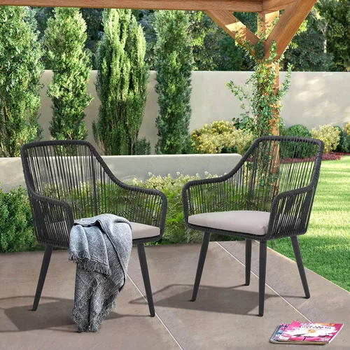 Miniatura 8 de JOIVI Juego de 2 sillas de comedor para patio, sillas de ratán al aire libre con reposabrazos y cojines para césped exterior, jardín, patio