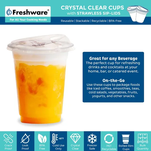 Miniatura 2 de Freshware Vasos de plástico transparente con tapas para sorbos sin popote [100 tazas – 12 onzas] Vaso desechable para café helado, batido, bebidas