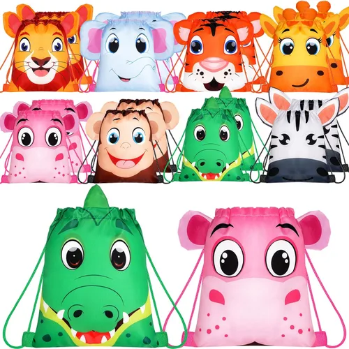 Miniatura 11 de Hillban 16 bolsas de animales con cordón para niños, mochila con cordón para fiestas de niños, con oreja, para cumpleaños de safari (estilo bosque)