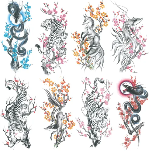 Miniatura 18 de 8 hojas de tatuajes temporales negros con flechas, brújulas, plumas, dragones, anclas, espadas, serpientes, árboles y flores para el brazo