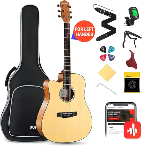 Donner DAG-1CL - Kit de guitarra acústica para zurdos para principiantes y adultos, tamaño completo, juego de guitarra acustica zurdos con correa de