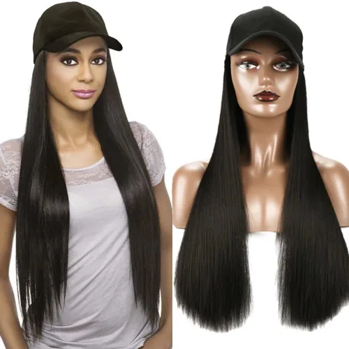 Miniatura 20 de Extensiones de cabello sintético Bobo corto con gorra de béisbol negra de 9 pulgadas, peluca con gorro de cabello negro y marrón para mujer, peluca