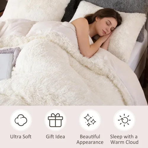 Miniatura 4 de EMME Juego de funda de edredón de felpa lanudo de color blanco, tamaño Queen, 3 piezas, juego de ropa de cama de invierno suave y esponjoso de pelo