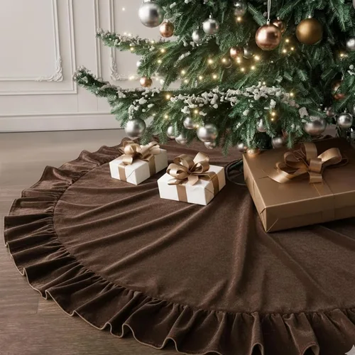 Miniatura 23 de Faldones de Felpa para Árbol de Navidad, 24 pulgadas, Lujosa Cubierta de Base de Árbol de Navidad de Piel Sintética Negra con Copos de Nieve Dorados