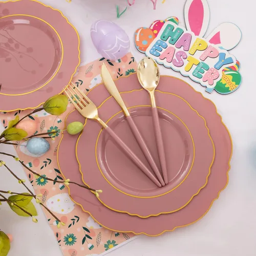 Miniatura 5 de NERVURE - 102 platos de plástico dorados, diseño de cristal transparente, desechables, para fiestas de boda; incluye 51 platos de plástico para cena