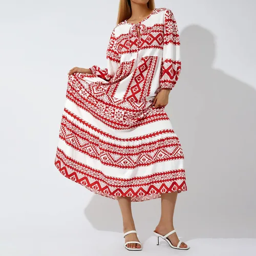 Miniatura 4 de Bowiln Vestido largo con estampado casual para mujer, con lazo frontal, cuello redondo, manga larga, holgado, talla grande
