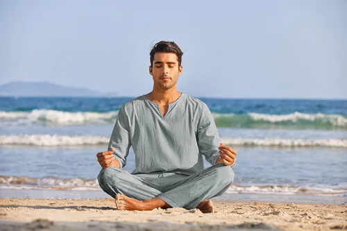 Miniatura 7 de COOFANDY Conjunto de 2 piezas de algodón y lino para hombre, camisa Henley de manga larga y pantalones casuales de playa, trajes de yoga de verano