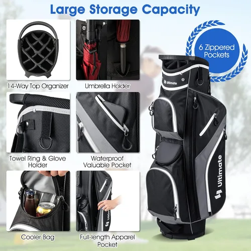 Miniatura 2 de ULTIMATE Bolsa de golf de 14 vías, bolsa de golf portátil con 6 bolsillos, bolsa enfriadora y bolsillo valioso impermeable, capucha de lluvia