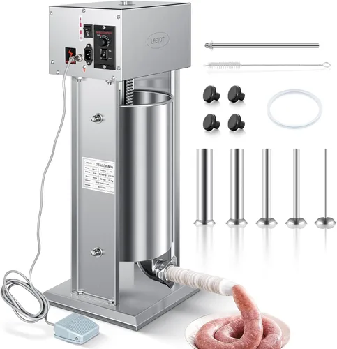 Miniatura 11 de LEEVOT - Embutidor manual de 7LBS/3L, kit profesional de acero inoxidable para hacer y rellenar salchichas con 2 velocidades, 5 tubos de relleno