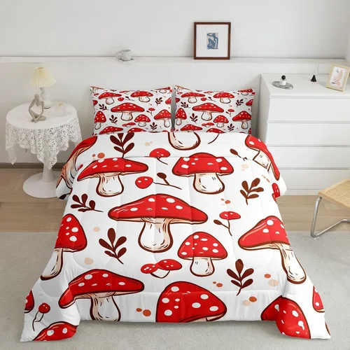 Miniatura 18 de Feelyou Lindo juego de ropa de cama de hongos kawaii tamaño individual para niños y niñas, decoración de hongos salvajes, juego de edredón