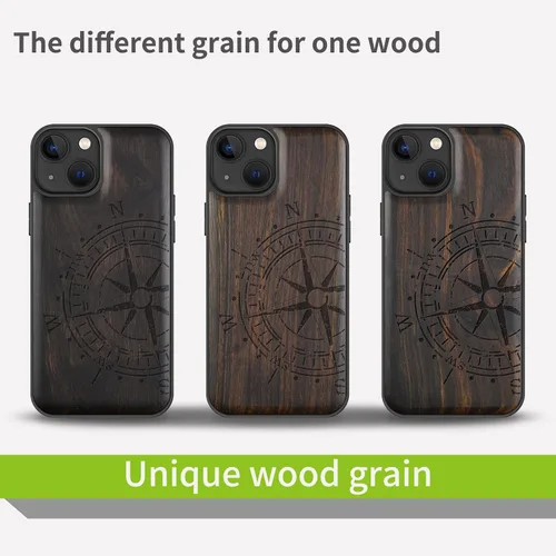 Miniatura 7 de Carveit Funda magnética de madera para iPhone 13 [madera real dura y TPU suave] Funda protectora híbrida de madera única y elegante a prueba