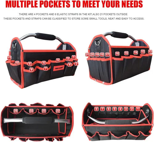 Miniatura 4 de TOOLEAGUE Bolsa de herramientas resistente de 19 pulgadas, 25 bolsillos, bolsas de herramientas de tela 1680D con base moldeada fuerte, organizador