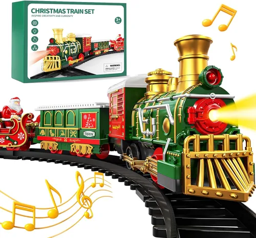 Juego de Tren para Niños de 3-5 4-7 4-8, Clásico Juego de Tren Eléctrico de Navidad con Motor de Locomotora, Luces y Sonido, Pistas para Árbol de