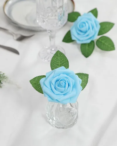 Miniatura 4 de DuHouse 25 rosas artificiales, rosas falsas con tallos, flores de espuma de tacto real para bricolaje, ramo de boda, centro de mesa, arreglo floral