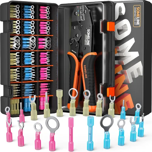 Miniatura 14 de SOMELINE - Herramienta de crimpado para kit de conectores termorretráctiles, con conectores termorretráctiles de extremo calibre 22-10 de grado