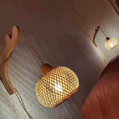 Miniatura 3 de Frideko - Farol de bambú enchufable, apliques de pared de mimbre con cable de enchufe, luz de pared de ratán tejida a mano, apliques de pared