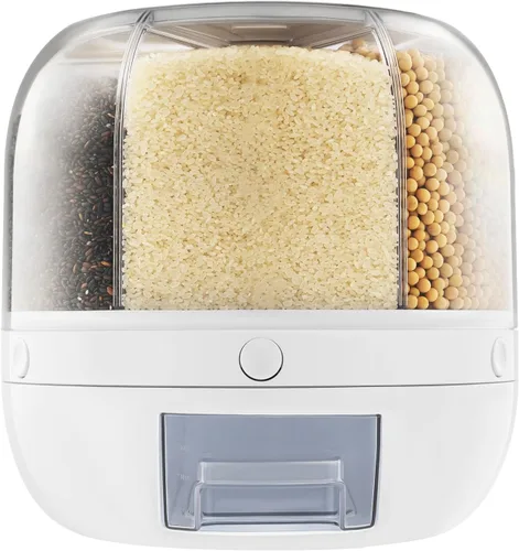 Dispensador de arroz, contenedor de arroz giratorio de 360° con tapa y taza medidora, organizador de almacenamiento de granos para encimera de