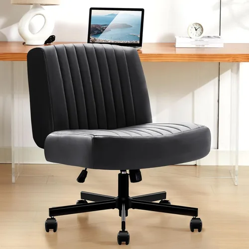 Miniatura 10 de Silla cruzada con ruedas, silla de escritorio de oficina con patas cruzadas de tela acolchada gruesa con cojín de resorte de bolsillo, base de doble