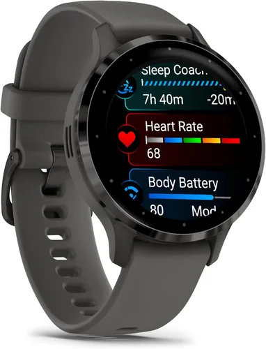 Miniatura 2 de Garmin Venu 3S Advanced Fitness and Health Tracker Smartwatch con bisel de acero inoxidable pizarra con caja gris guijarro y banda de silicona