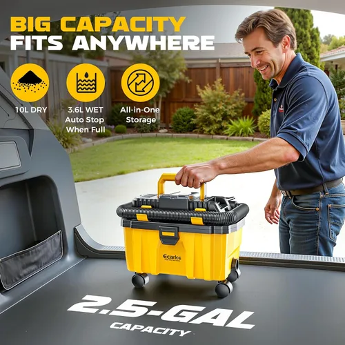 Miniatura 5 de Ecarke Aspiradora inalámbrica en seco y húmedo de 2.5 galones compatible con batería DeWalt de 20 V, aspiradora 3 en 1 con motor HEPA lavable y sin