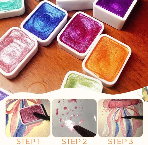 Miniatura 2 de Juego de pintura de acuarela de 12 colores, suministros de dibujo, juego de pinturas de acuarela metálicas brillantes, kit de pintura colorida