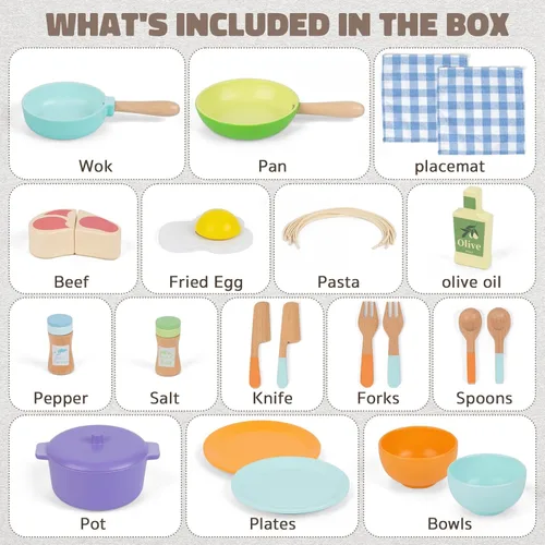 Miniatura 5 de Accesorios de cocina para niños, juego de cocina de madera para niños pequeños, 22 piezas, juego de comida para niños con ollas y sartenes, juguetes