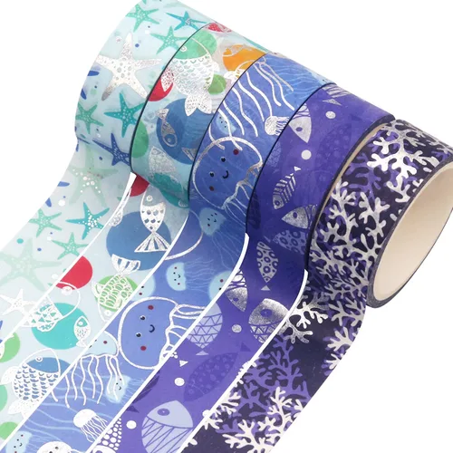 Miniatura 6 de Juego de 10 rollos de cinta washi azul océano, con impresión de lámina plateada, cintas de enmascarar decorativas para artes, manualidades DIY