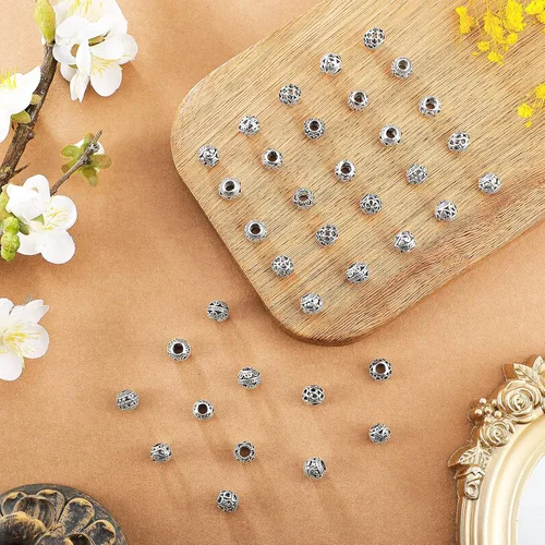 Miniatura 6 de 40 piezas de cuentas espaciadoras de tono plateado, cuentas huecas de aleación tibetana de filigrana de 10 mm, cuentas metálicas pequeñas