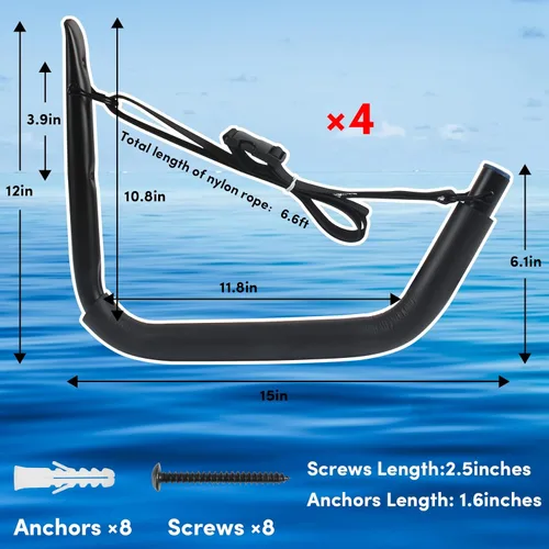 Miniatura 2 de Estante de almacenamiento de kayak, soporte de kayak para garaje, soporte de pared para kayak con correas de nailon, gancho de kayak resistente Negro
