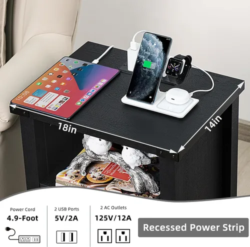 Miniatura 4 de Joaxswe Mesita de noche rústica de 18 pulgadas con estación de carga y puerto USB, mesa auxiliar rústica para sofá con puerta magnética, mesas Negro