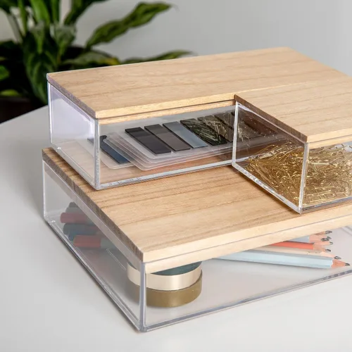Miniatura 4 de Martha Stewart Brody - Contenedores organizadores de plástico con tapas de madera de paulownia para oficina en casa, cocina o baño, paquete de 3