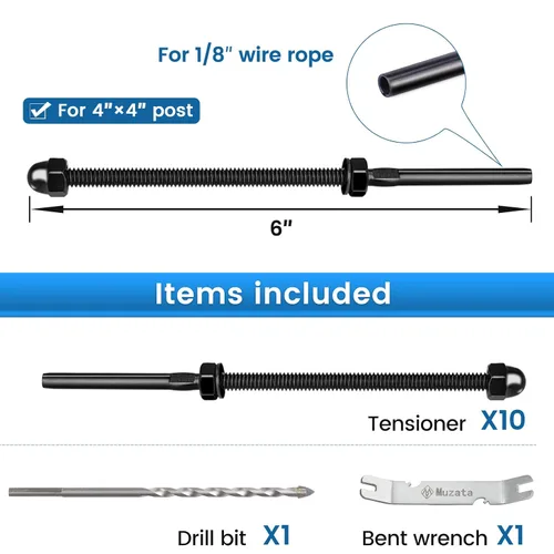 Miniatura 63 de Muzata Paquete de 10 accesorios de barandilla de cable negro de 1/8 pulgadas, tensor roscado a mano para poste de metal de 2 x 2 pulgadas, sistema