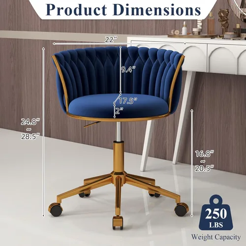 Miniatura 2 de ABET Silla de tocador con ruedas, pequeña silla de escritorio de terciopelo para oficina, taburetes de maquillaje semicirculares tejidos a mano