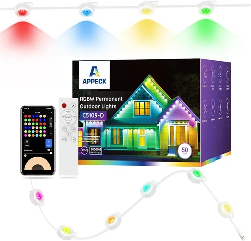 Miniatura 10 de APPECK Luces de exterior permanentes de 100 pies con 72 LEDs, modos de escena DIY, luces de cadena RGBW inteligentes impermeables, control por Negro