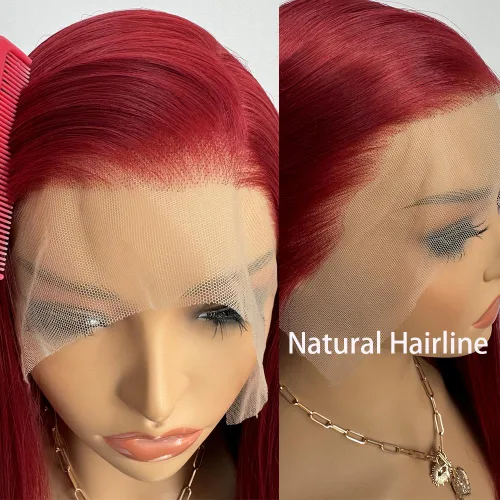 Miniatura 3 de RONGDUOYI RDY - Pelucas largas y sedosas con encaje frontal para mujer, pelucas sintéticas de color rojo vino prearrancadas de 24 pulgadas con línea