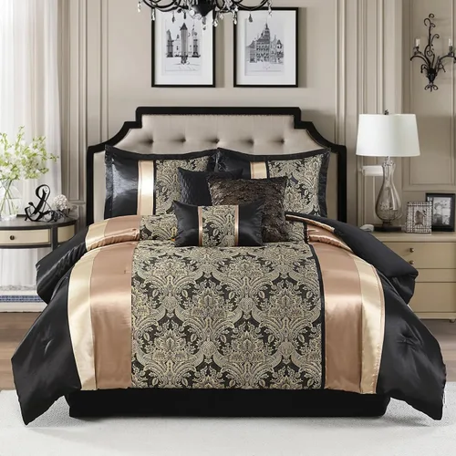 SahSahCasa Juego de edredón de lujo de 7 piezas, cama en una bolsa, tamaño Queen, juego de ropa de cama jacquard sedoso y esponjoso con falda de