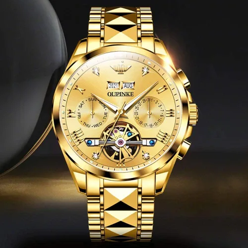 Miniatura 7 de OUPINKE - Reloj automático para hombre, diseño de esqueleto de diamante mecánico de cuerda automática, lujo, reloj de pulsera de cristal de zafiro