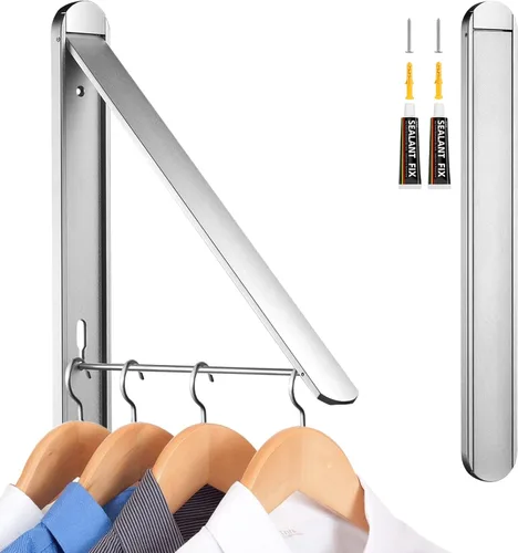 Miniatura 8 de Tendedero de ropa para lavanderías pequeñas, tendedero plegable para interiores, para colgar en la pared, plegable, (aluminio, plateado)