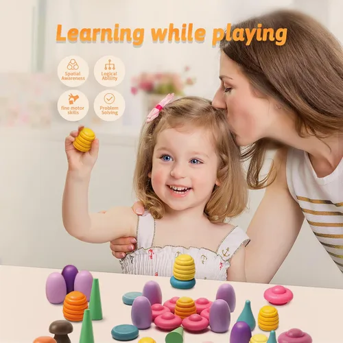 Miniatura 3 de 162 piezas sueltas de madera de juguete de arco iris apilable para niños pequeños, juego sensorial, materiales Montessori coloridos, aprendizaje