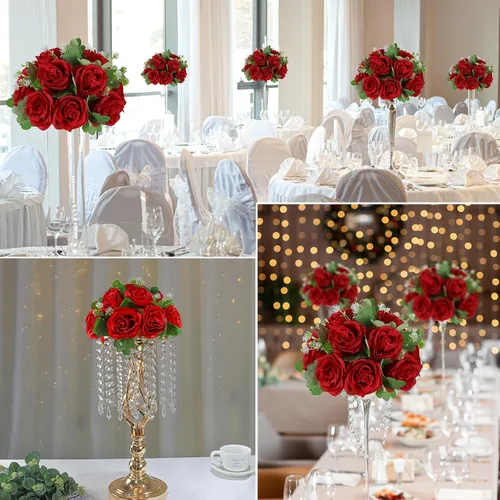 Miniatura 6 de 10 centros de mesa de bola de flores artificiales para bodas, bolas de beso, rosas de seda rojas, arreglos florales románticos para compromiso