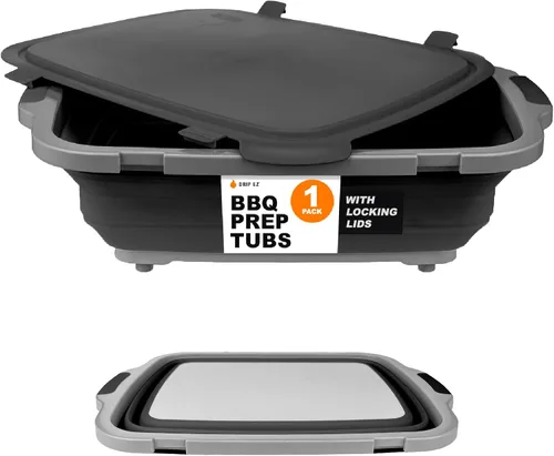 Drip EZ Tina plegable para preparación de barbacoa, para preparación de comidas, marinar, almacenamiento de alimentos, incluye tabla de cortar y
