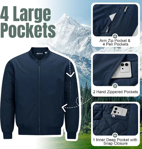 Miniatura 3 de 33,000ft Chaqueta bomber para hombre, impermeable, con cremallera, acolchada, ligera, cálida, casual, primavera, otoño e invierno Mezclilla oscura
