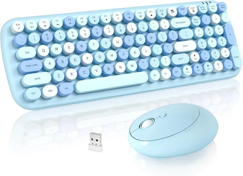 Miniatura 14 de Combo de teclado y mouse inalámbricos, teclado retro de tamaño completo de 2.4 GHz con teclado numérico y mouse inalámbrico para Negro azul