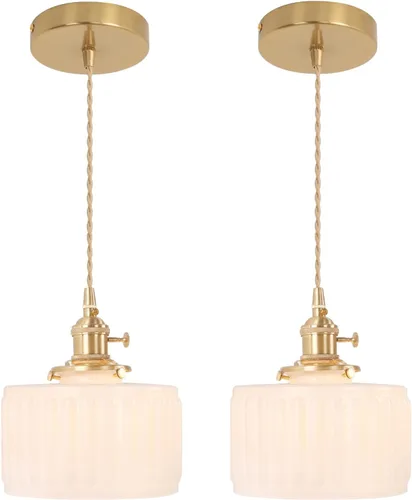 Miniatura 29 de Shenmoyl Lámpara colgante con pantalla de vidrio transparente a rayas, luz colgante vintage de latón, luz colgante ajustable para cocina, isla