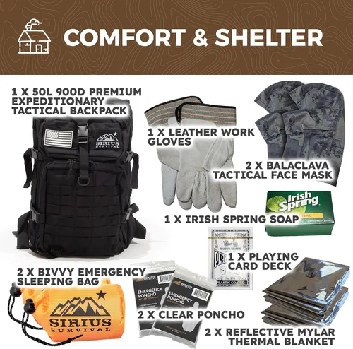 Miniatura 3 de Sirius: Bolsa de Emergencia Precargada - Kit de 72 Horas para 2 Personas - Kit de Supervivencia en Mochila de Emergencia - Mochila Táctica Premium