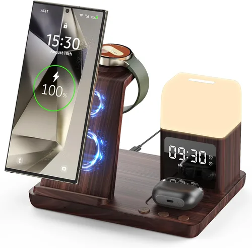 Miniatura 7 de Cargador inalámbrico para Samsung/Android, 6 en 1, estación de carga para teléfono con despertador/luz nocturna para Samsung S25/S24/S23