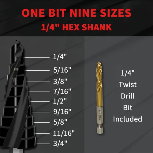 Miniatura 5 de S&F STEAD & FAST Broca escalonada de cobalto para metal, tres flautas en espiral, 1/4"-3/4", 1 unidad, Unibit resistente, vástago hexagonal de 1/4