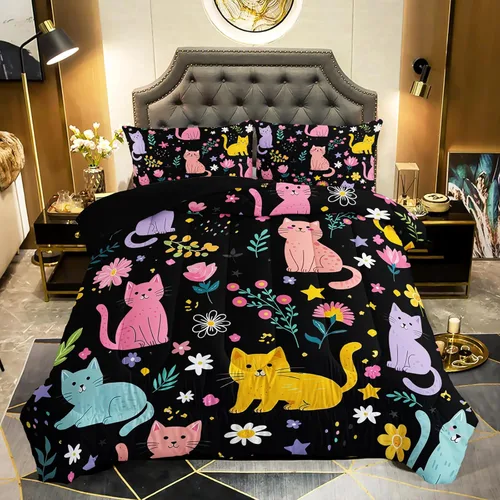 Miniatura 12 de QOOMO - Juego de edredón de tamaño individual con gatos, juego de edredón azul con nubes para niños, adolescentes, niñas y niños, juego de cama de 3